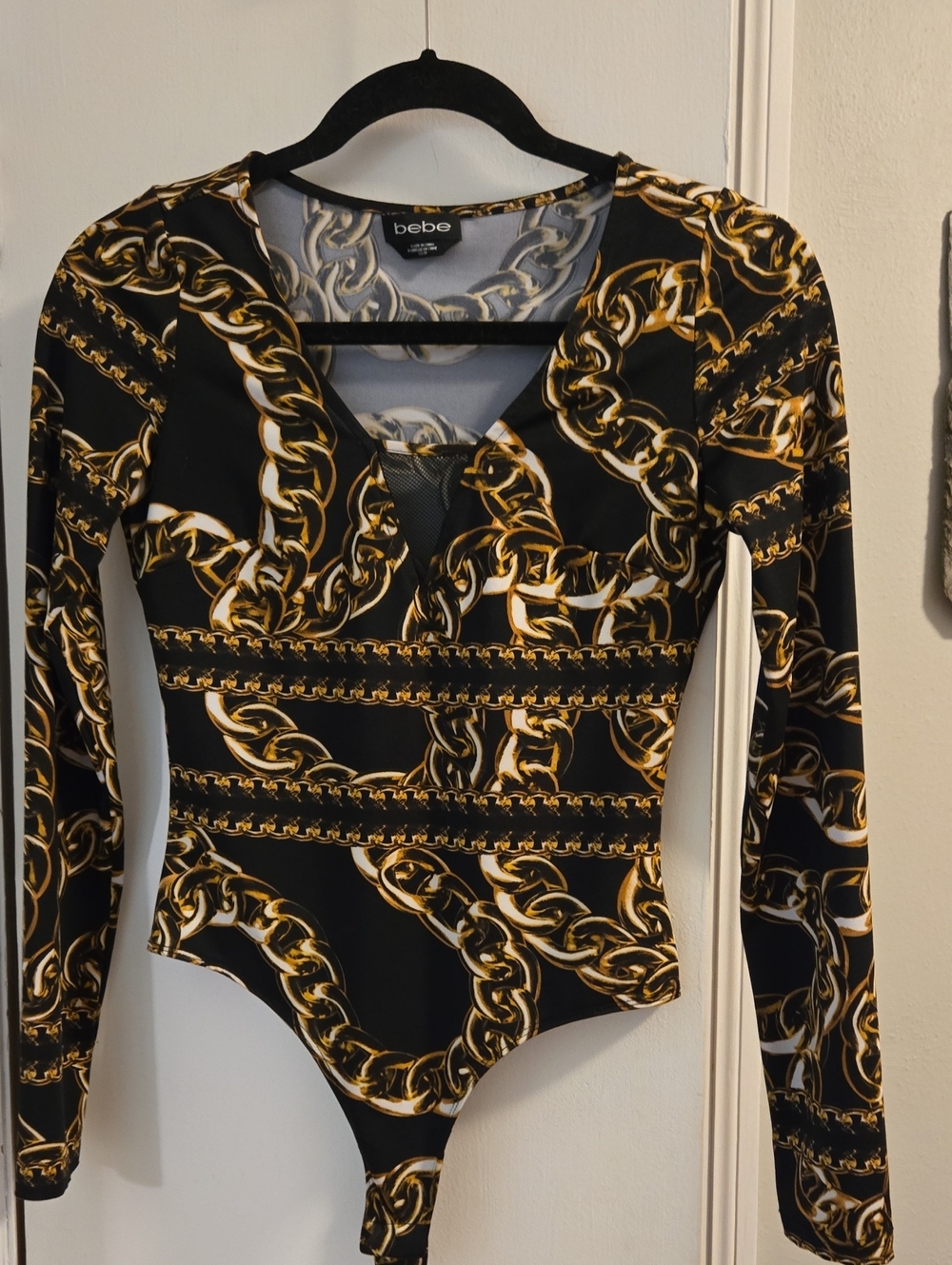 bebe Black and Gold Chain-Print Long-Sleeve V-Neck Bodysuit